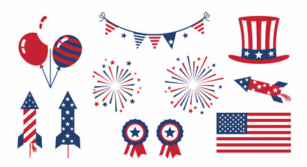 Obraz premium Fourth of July Patriotic Elements Vector Set with American Flag, Fireworks, Balloons, and Uncle Sam Hat for Independence Day and National Holidays