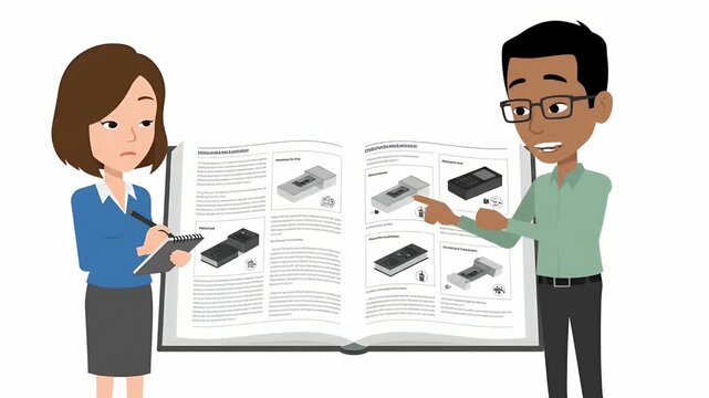 Two Business People Reviewing Product Manual Book Learning Together