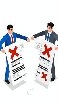 Two Businessmen In Suits Tearing Apart Document With Red Cross Marks