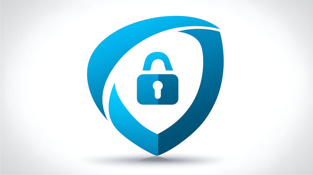 A blue and white logo with a key on it