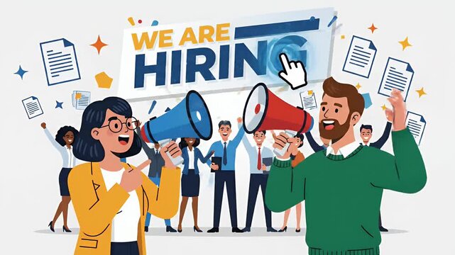 We Are Hiring Announcement Diverse Team People Megaphone Celebration Footage