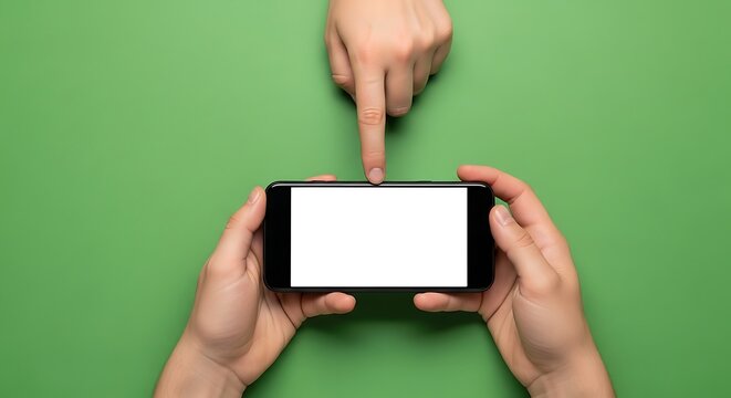 Overhead perspective of two human hands interacting with a smartphone held horizontally with a blank white screen, on a plain green background, symbolizing connection, communication, and tec