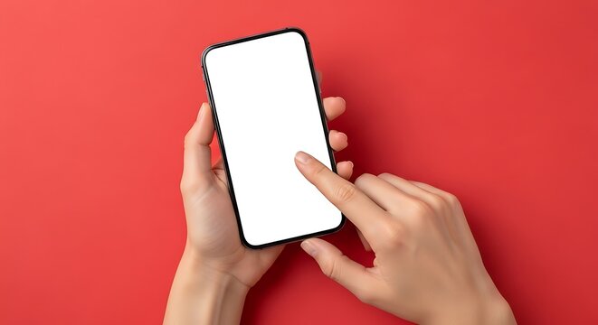 Close-up overhead view of a person's hands holding and touching a modern smartphone with a blank white screen on a vibrant red background, representing digital communication and technology.