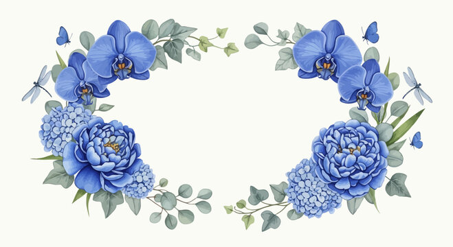 Elegant blue floral arrangement with orchids peonies and butterflies design