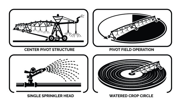 Agricultural irrigation center pivot structure field operation single sprinkler head watered crop circle