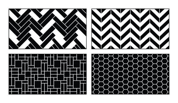 Black patterns of parquet, wood floor, and honeycomb texture set. seamless repeating design in various styles.