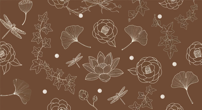 Elegant botanical pattern dragonflies flowers leaves on brown background