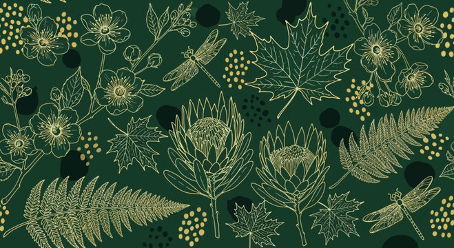 Elegant botanical pattern floral and leaf designs on deep green background