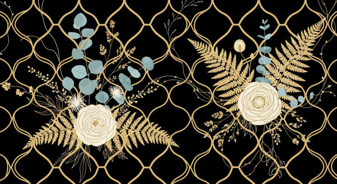 Elegant floral arrangement illustration on a black trellis backdrop decorative design