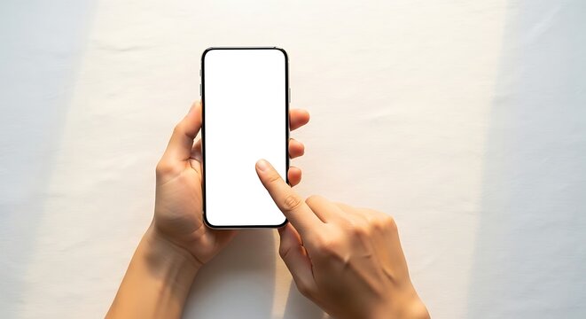 Overhead shot of a person's hands holding a modern smartphone with a blank white screen, finger touching the display, set against a softly lit textured surface.