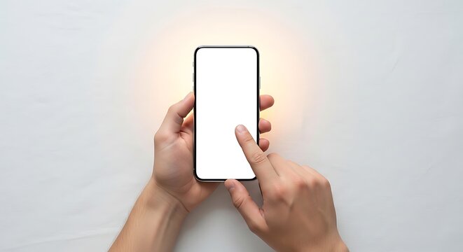 Top-down view of human hands holding a modern smartphone with a blank white screen, fingers touching the display, isolated on a white surface with soft light.