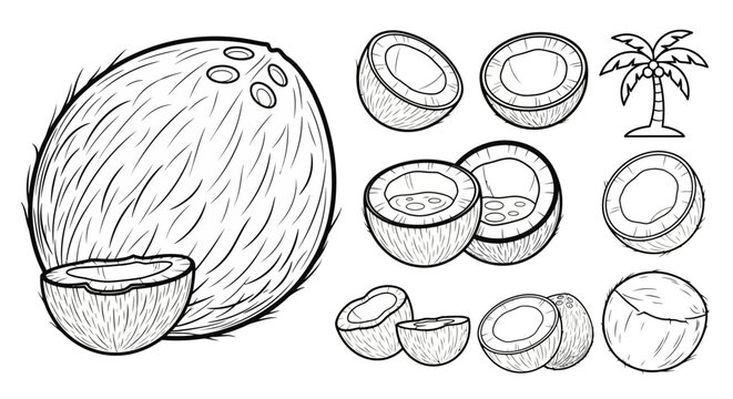 Coconut and coconut pieces illustration.