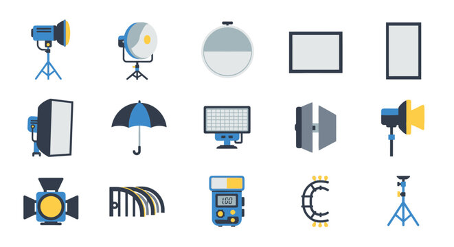 Collection of studio lighting equipment icons.