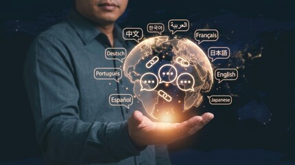 Global communication, language translation, digital networking, world globe, multilingual support, international business, technology interface for globalized business services.