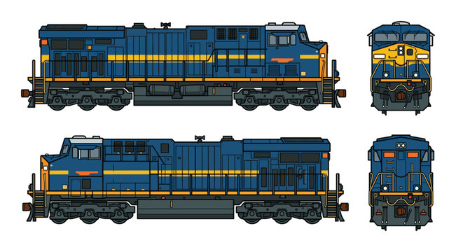 Detailed illustration of a modern diesel locomotive train, front and side views