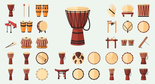 Drum and drumstick musical instruments collection.