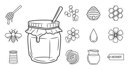 Honey jar with dipper and bees. © amni