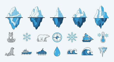 Iceberg and polar animal icons set. © amni