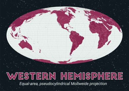 Western Hemisphere. World map. Equal-area, pseudocylindrical Mollweide projection centered to Western Hemisphere. Pale Mint Dark Pink palette. Vintage texture. Awesome vector illustration.