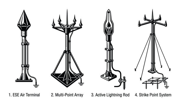 Four types of lightning rods including ESE air terminal, multi-point array, active lightning rod
