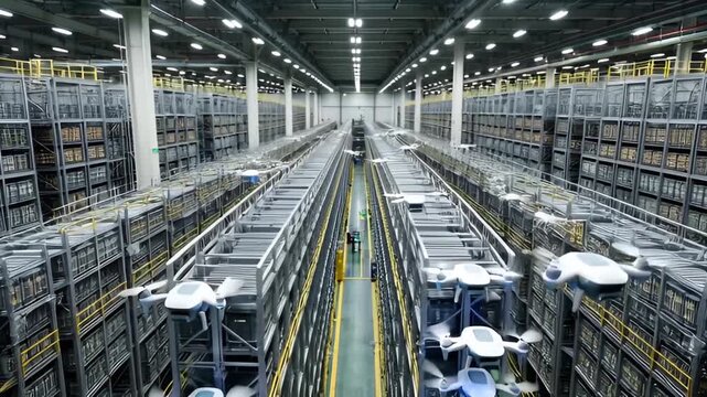 Drone in warehouse storage facility.