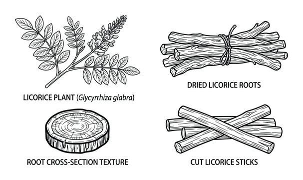 Licorice plant roots dried sticks and cross section wood texture
