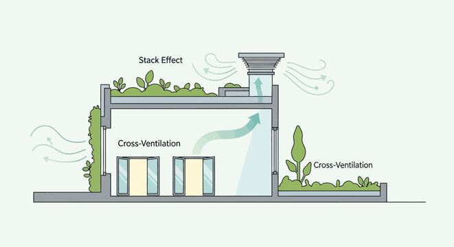 Sustainable Architecture Diagram Showing Passive Cooling Strategies, Stack Effect, Cross-Ventilation, and Green Roof for Eco-Friendly Building Design and Energy Efficiency