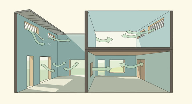 Architectural Cross Section Diagram of Natural Home Ventilation System Showing Sustainable Passive Cooling Air Flow