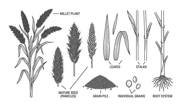 Millet plant botanical diagram showing roots leaves and grains