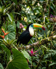 Fototapeta premium Toucan tropical bird sitting on a tree branch in natural wildlife environment in rainforest jungle