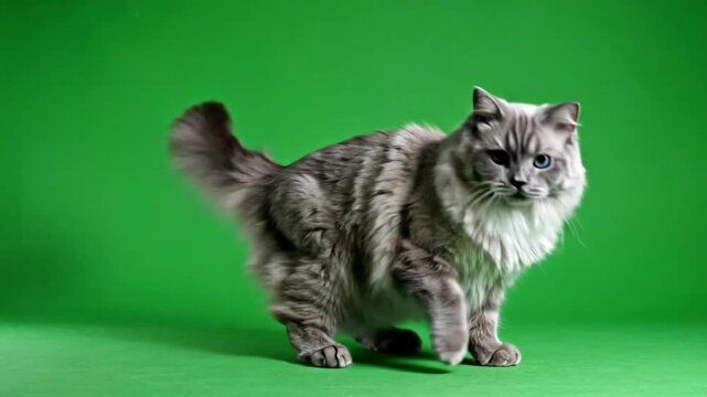 Fluffy Ragdoll Cat Poses on Bright Green Studio Backdrop