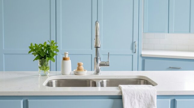 Pristine double sink with modern chrome faucet and kitchen accessories on a light countertop