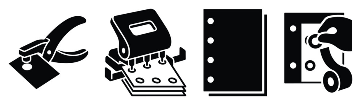 Office hole puncher set with paper reinforcement stickers and tools vector