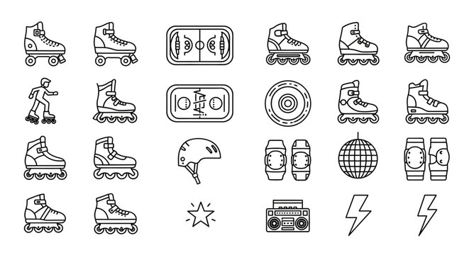 Roller skates and skateboarding icons set.