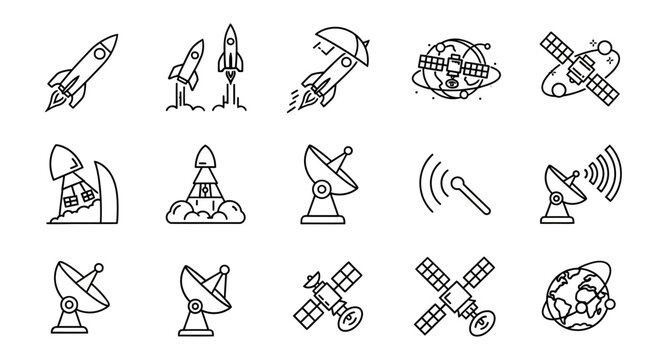 Satellite and rocket communication technology icons.