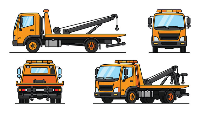 Orange tow truck icons with various view angles for roadside assistance services and breakdown recovery design