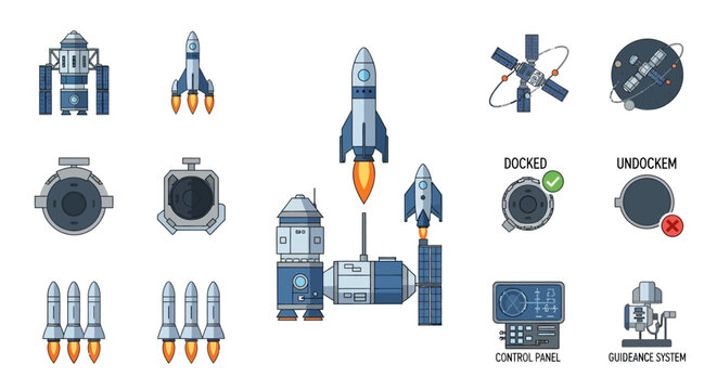 Space shuttle and rocket icons set.
