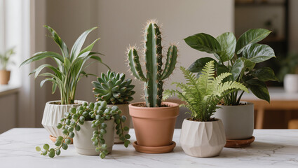 Fototapeta premium Assorted Potted Houseplants Arranged on a Modern Table