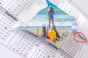 torn calendar with marked dates and photo happy family vacation sea with children, travel planning,...
