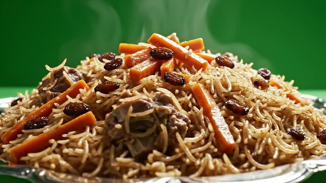 Authentic Afghan Kabuli Pulao Steaming Hot Served on Silver Platter Richly Garnished with Sliced Carrots and Raisins Detailed Texture and Aroma Evoked Culinary Excellence for Food Commercials