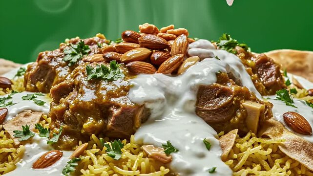 Authentic Jordanian Mansaf Dish With Lamb Yogurt Sauce Toasted Almonds And Parsley Garnished Served On Rice With Flatbread Cinematic Food Commercial Appetizing CloseUp