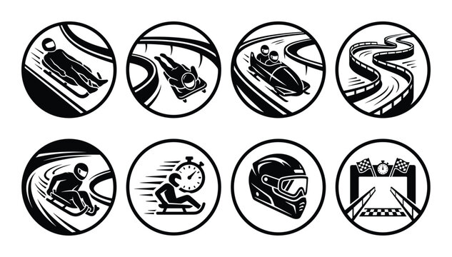Set of luge and bobsledding sports icons, race track and finish line elements