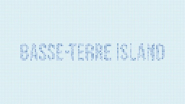 Basse-Terre Island dotted map animation. Digital style shape of Basse-Terre Island with title. Blue dots appear with flickering effect. Guadeloupe. Modern Intro, outro, title, logo video.