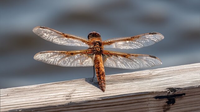 Detailed macro photograph of a four-spotted chaser dragonfly with intricate transparent wings resting on weathered wood.