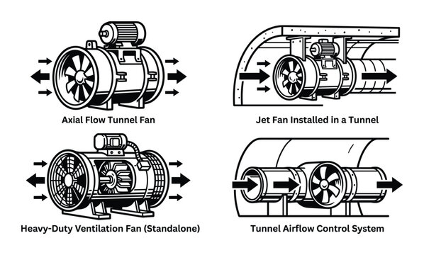 Ventilation fans illustration including axial flow, heavy-duty, and tunnel installation systems