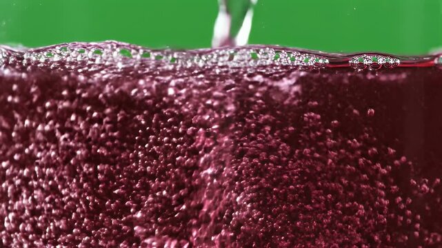 Sparkling Deep Red Grape Juice Poured Bubbles Filling Glass Green Screen Cinematic Macro Ultra Detail Food Commercial