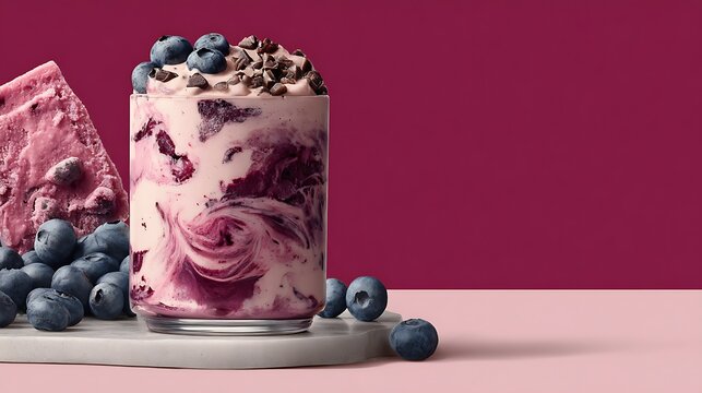 A vibrant, creamy blueberry swirl yogurt parfait, elegantly layered with rich, sweet fruit pur&eacute;e and topped generously with fresh, plump blueberries and delicate chocolate chips, sits beside a decaden