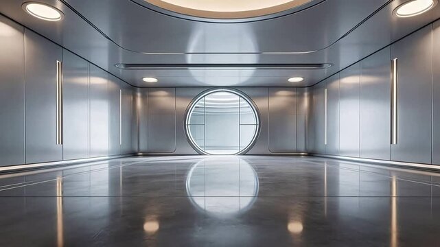 Futuristic metallic corridor with circular door