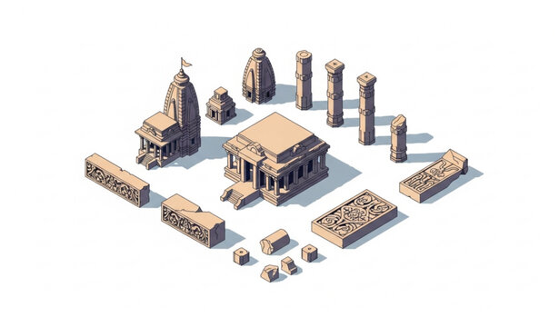 Eran monuments India vector illustration set of ancient temple ruins and Gupta era stone architecture on white background