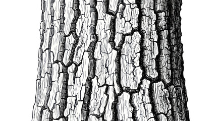 Detailed close-up of rough tree bark texture, isolated on white background, black and white illustration © ijo